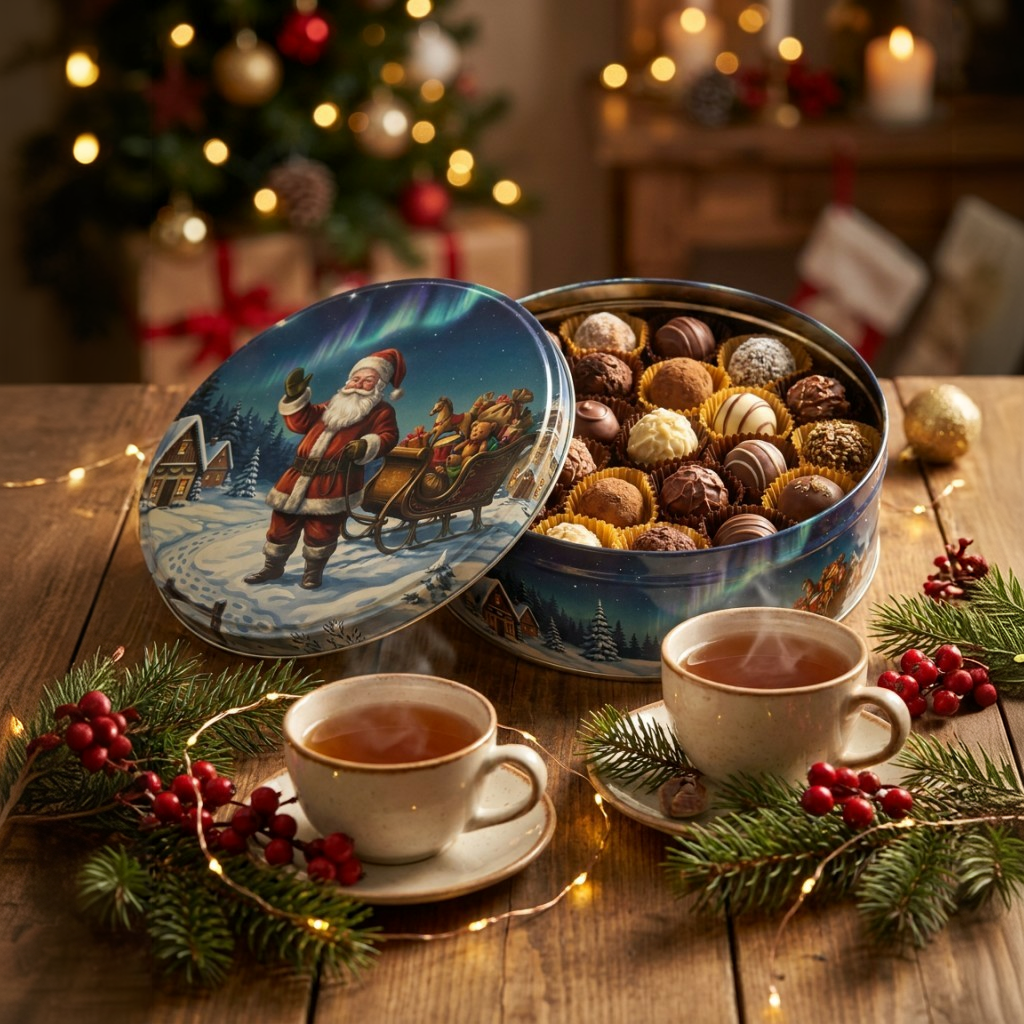 Lata Vila Natal 16,5 x 6,6 com trufas e bombons na mesa de Natal