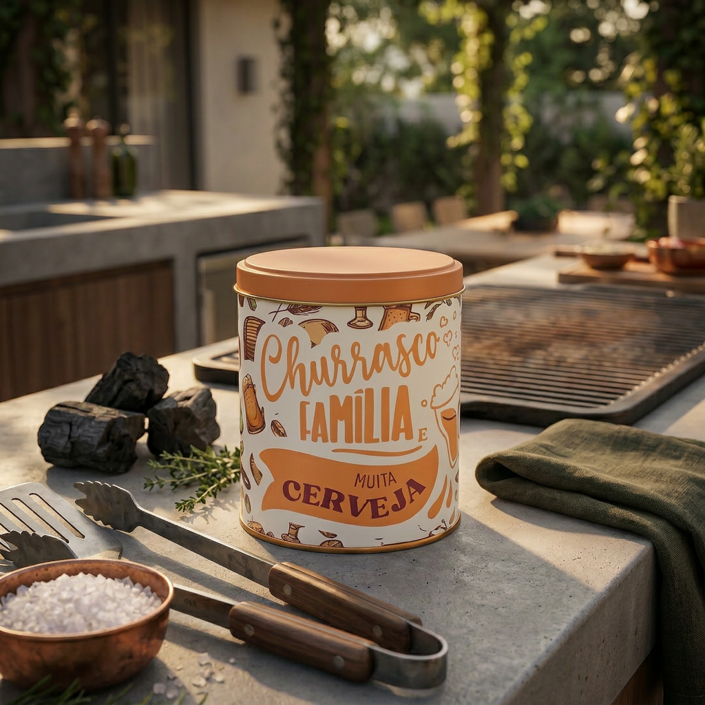 Lata Pai Churrasco branca com tampa laranja e estampa 'Churrasco Família e Muita Cerveja', sobre bancada de churrasqueira ao ar livre com sal grosso e utensílios